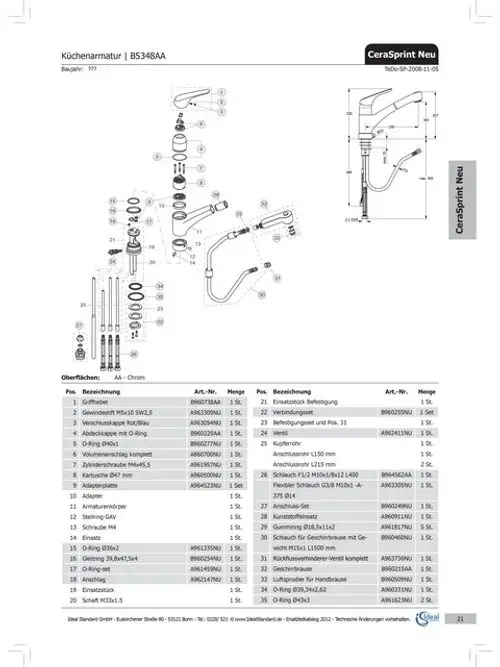 Explosionszeichnung und Teileliste für eine Küchenarmatur von Ideal Standard, Modell CeraSprint Neu, inklusive detaillierter Artikelnummern und Stückzahlen.
